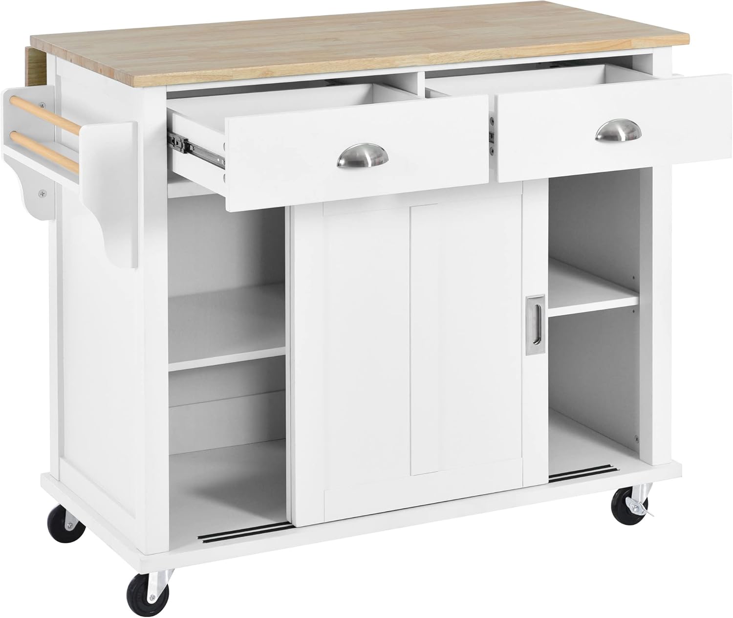 LUMISOL Mobile Kitchen Island Cart with Spice Rack and Towel Rack, Rolling Kitchen Island with Drop Leaf, 2 Drawers and Sliding Barn Doors