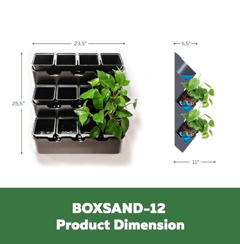BOXSAND-12 (24"x26") Living Wall - Wall Planter, Vertical Garden for 12 Plants, Indoor/Outdoor, 2 Screws Install (White) with Black Square Pots