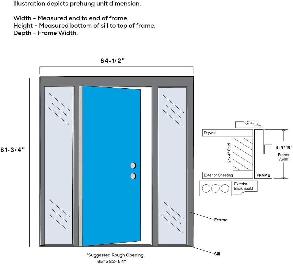 National Door Company, 60" x 80", Fiberglass Smooth, Primed, 3-Lite Square, Frosted Glass, Prehung Front Door with Two Sidelites on 4-9/16" Primed Composite Frame