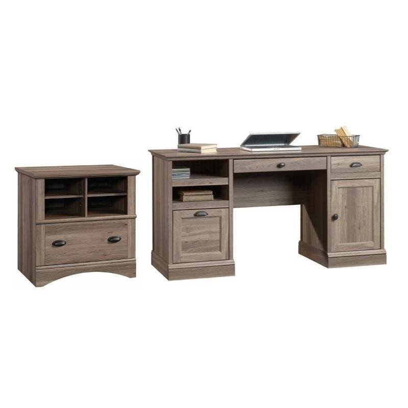 Sauder Barrister Lane 2 Piece Executive Desk and Lateral File Cabinet Set in Salt Oak