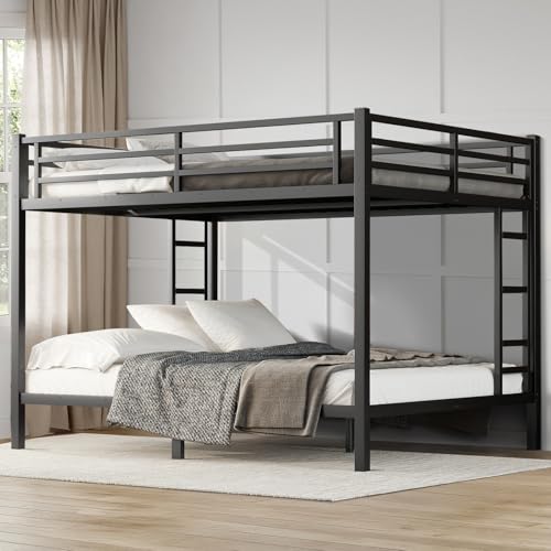 Twin XL Over Twin XL Bunk Bed, Metal Bunk Bed Frame Heavy Duty Bunk Beds Loft Bed Frame with Ladder and Guardrail Metal Slats No Box Spring Required for Adults Teens, Black