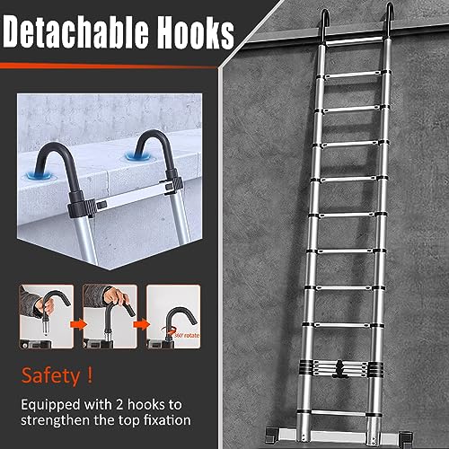 Telescoping Ladder with Hooks 12.5 FT - Aluminum Telescopic Ladder with Stabilizer - Retractable Extension Ladders for Home Loft Roof RV Work with EN131 Certification - 330lbs Max Capacity