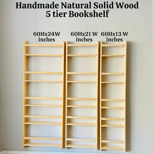 Handmade Natural Wood 5 Tier Montessori Kids Bookshelf, Wall Mounted Wide Book Shelf for Nursery, Space Saver Children's Book Rack Wall for Bedroom, Living Room (Medium, 21" Width, Natural)