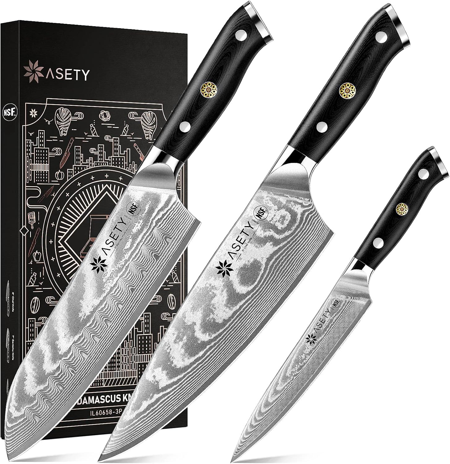 Damascus Knife Set 3 PCS, NSF Food-Safe Japanese Kitchen Knife Set with VG10 Steel Core, Ultra-Sharp Professional Chef Knife Set and Full Tang G10 Handle, Elegant Box