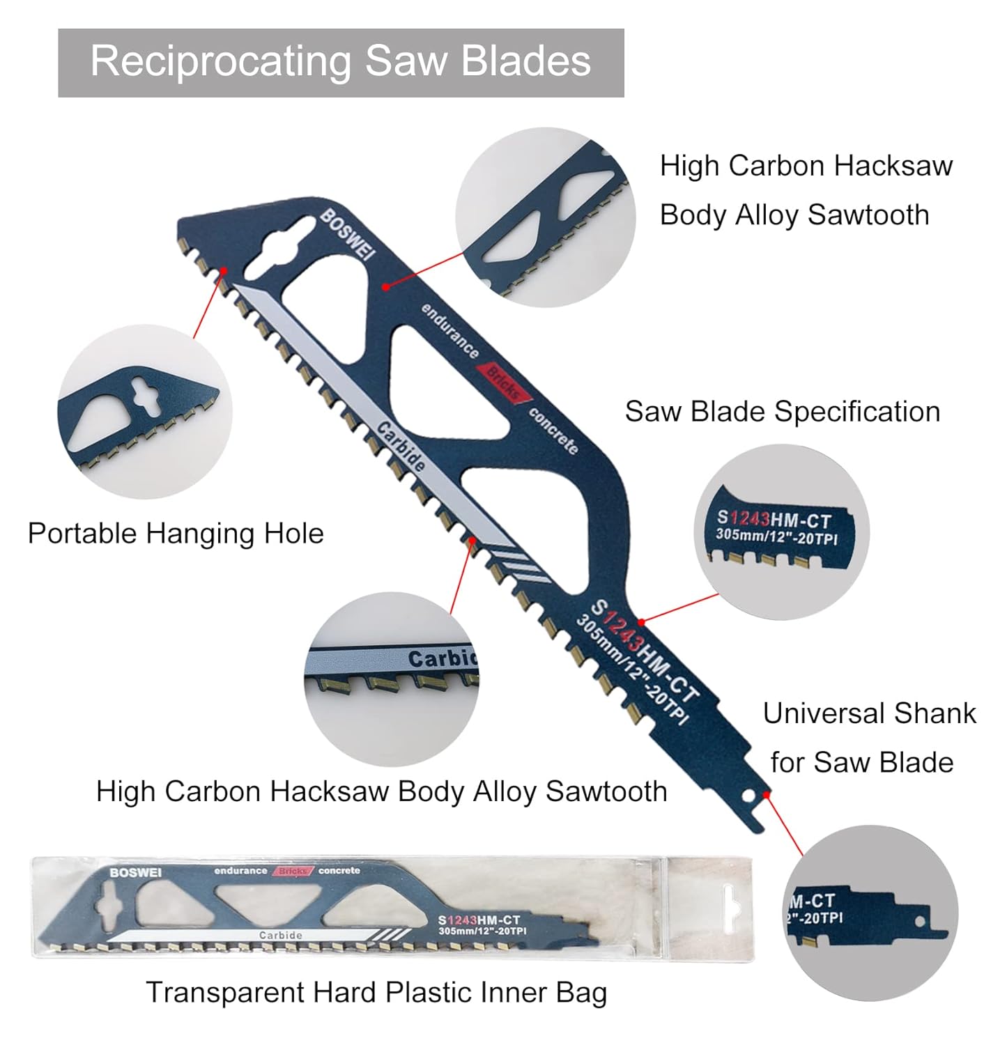 Reciprocating Saw Blades, for Cutting Aerated Concrete, Glass Fiber Reinforced Plastic, Epoxy Resin, Red Brick and Fiber Cement, Demolition Masonry Concrete Saw Blades 12-305mm
