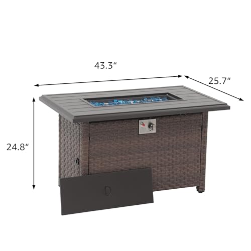 SUNSITT Outdoor Fire Pit Table 43 Inch Wicker Propane Fire Pit with Aluminum Tabletop 50,000 BTU Gas Firepit with Fire Glass, Lid, Cover, Taupe Rattan