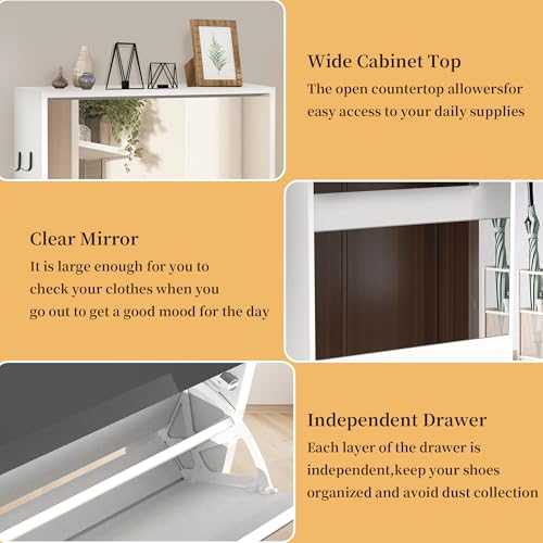 Mirror Shoe Storage Cabinet for Entryway, Narrow Shoe Cabinet Organizer with 3 Tiers, Slim Free Standing Hidden Shoe Cabinet with 3 Flip Drawers for Front Door Entrance, Closet（White）