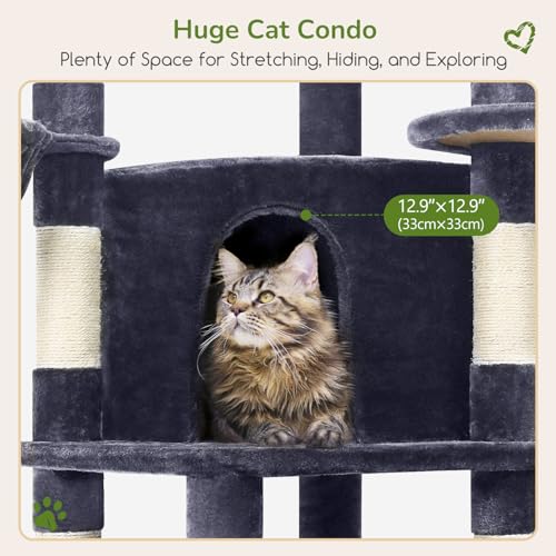 Globlazer Corner Cat Tree for Large Cats, 66inch Tall Curved Series Large Cat Tower for Multiple Indoor Cats with 6 Scratching Posts, 2 Spacious Cat Condos, Hammock, Hanging Basket, C66, Beige