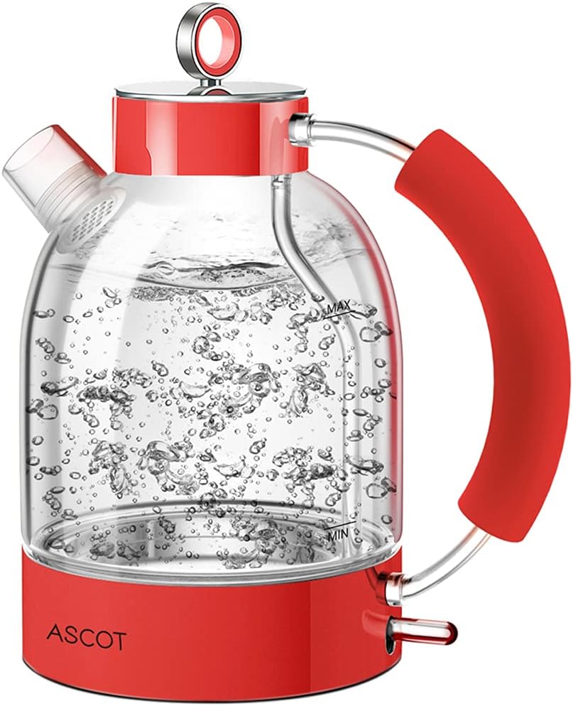 Electric Kettle, ASCOT Glass Electric Tea Kettle 1.7L, 1500W, Stainless Steel Tea Heater & Hot Water Boiler, Borosilicate Glass, BPA-Free, Cordless, with Auto Shut-Off and Boil-Dry Protection-Beige Pack of 2