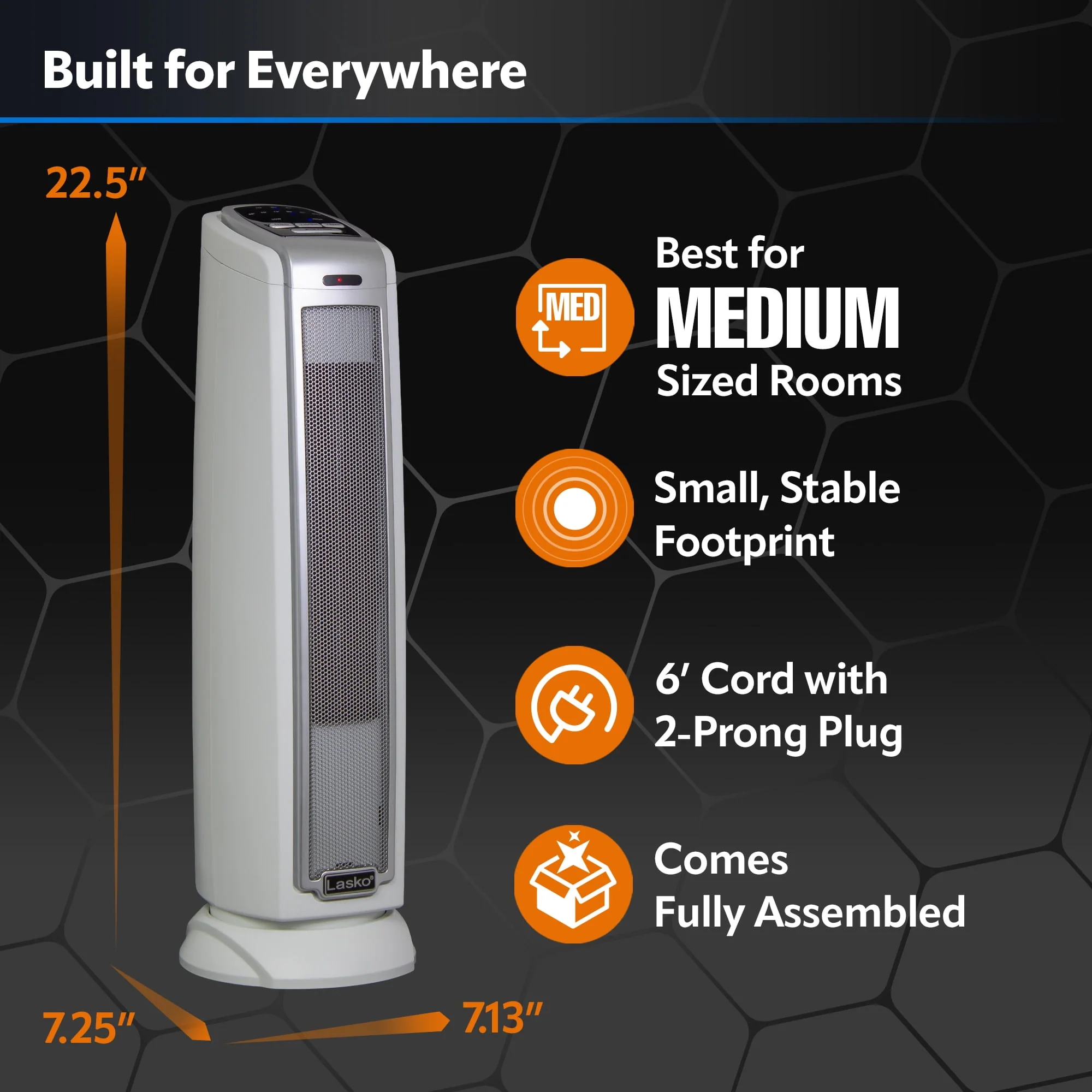 Lasko 22.5 1500W Electric Oscillating Ceramic Tower Space Heater with Remote, Black, 5790, New