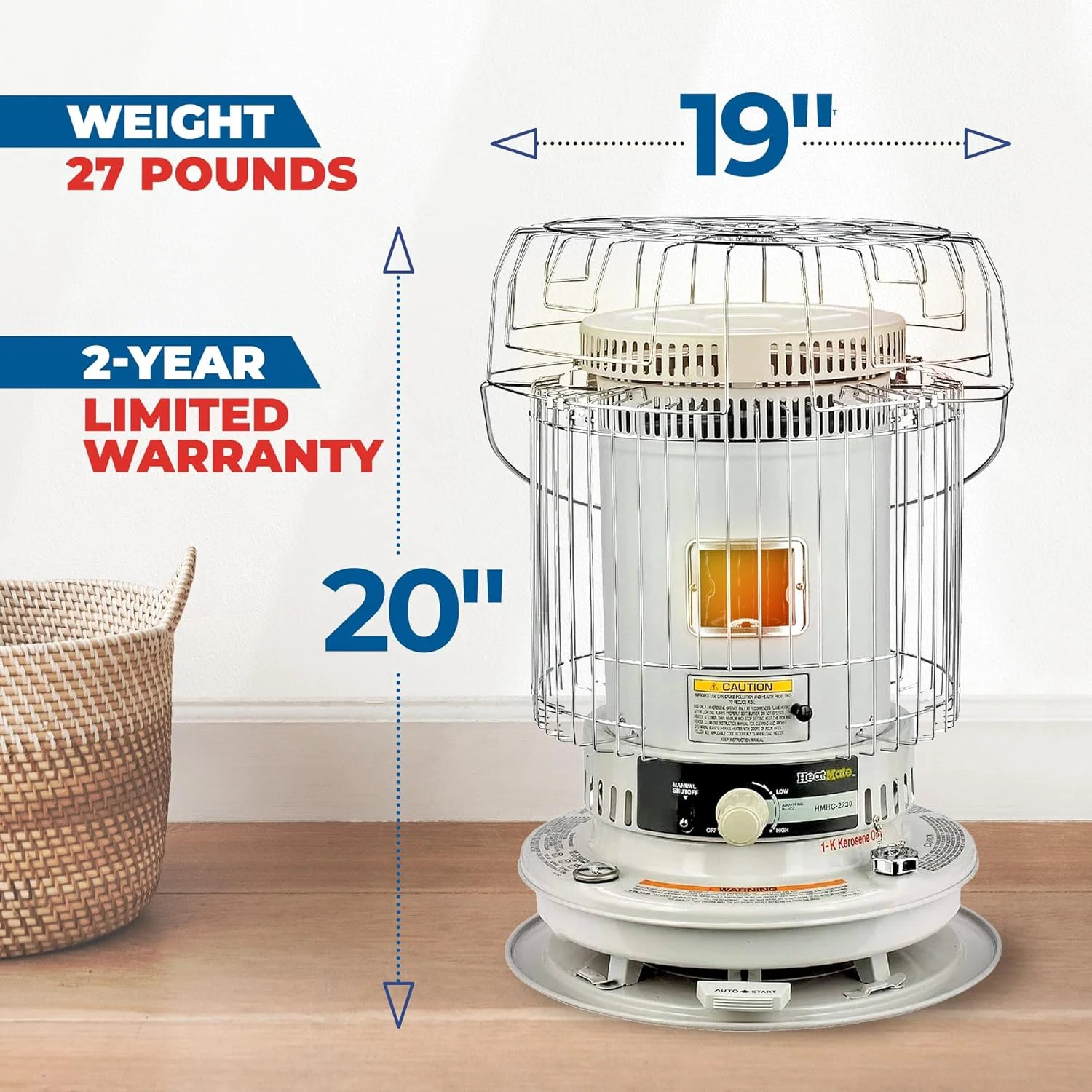 HeatMate Efficient 23,000 BTU Portable Convection Kerosene Personal Space Heater for 1,000 Square Feet of Indoor or Outdoor Use, White