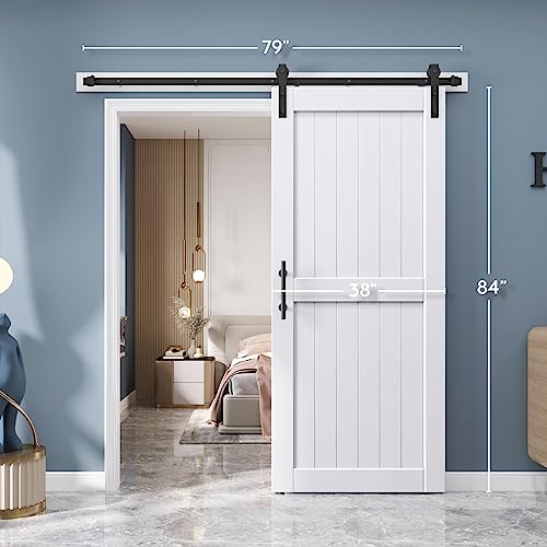 EaseLife 54 x 84 inch White Barn Door with 9FT Sliding Door Hardware Kit Included & Handle,Solid Wood Covered with Waterproof PVC Surface,DIY Assemblely,Easy Install,H-Frame,Fit 50-52in Wide Opening
