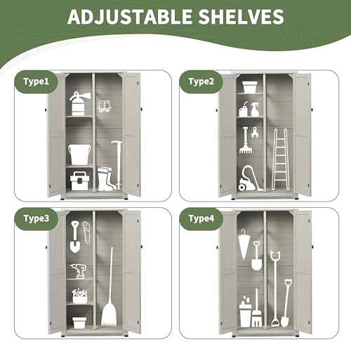 Outdoor Storage Shed with Floor & Adjustable Shelves, Wooden Garden Tool Cabinet Weatherproof, 71" Vertical Patio Organizer