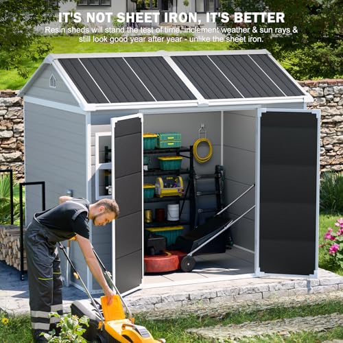 CDCASA 8x6 FT Resin Storage Shed, Waterproof Large Outdoor Sheds with Floor & Lockable Door & 2 Windows, Plastic Tool Shed for Outside, Backyard, Patio, Poolside, Bike, Dove Grey