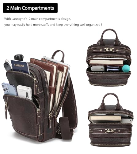 LANNSYNE Full Grain Leather Sling Bag For Men Crossbody Chest Daypack fits 10.5" iPad