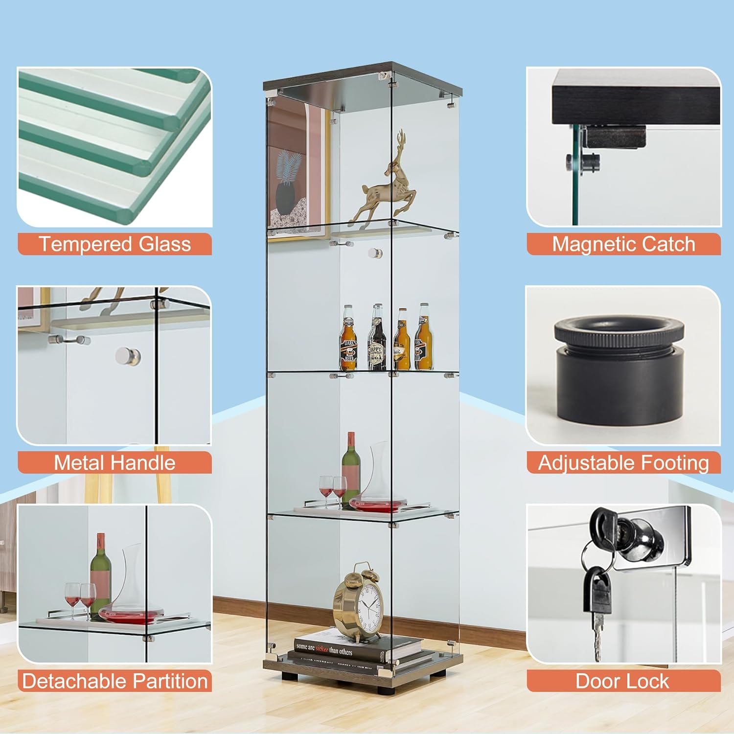 FANYUSHOW Glass Display Cabinet 4 Shelves with Door and Lock, Curio Cabinet for Living Room, 5mm Tempered Glass Display Shelf, Black Glass Display Case 64.7" H x 16.7" L x 14" W