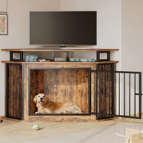 IRONCK 51" Corner Wooden Dog Crate Furniture with 2-Tier Shelves, Pet Kennel for Large Dogs, Space-Saving Dog Cage Indoor, Rustic Brown (26.7" L x 51.2" W x 33.5" H)