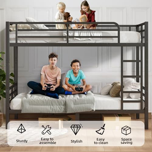 Twin XL Over Twin XL Bunk Bed, Metal Bunk Bed Frame Heavy Duty Bunk Beds Loft Bed Frame with Ladder and Guardrail Metal Slats No Box Spring Required for Adults Teens, Black