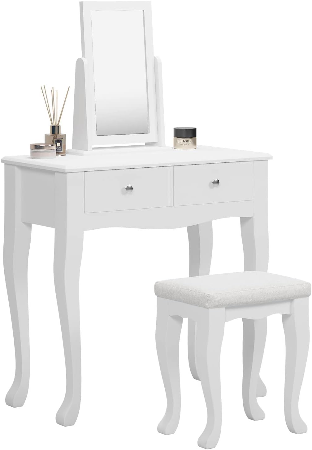 sogesfurniture Vanity Dressing Table Set Wooden Contemporary with 360° Pivoting Mirror and Stool, Multifunctional Makeup Dressing Table and with 2 Drawers, White