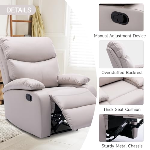 Manual Leather Recliner Chair, Small Recliner chair with Tech- leather, Lazy Boy Recliner Chair for Bedroom, Livingroom, RV, Beige