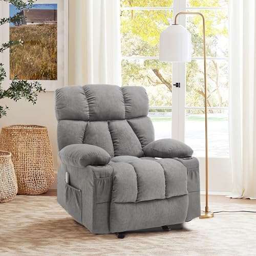 Massage Rocker Recliner Chair with Heat and Vibration Ergonomic Rocking Lounge Chair for Living Room Comfy Overstuffed Recliner with 4 Side Pockets,2 Cup Holders, USB Charge Port, Grey