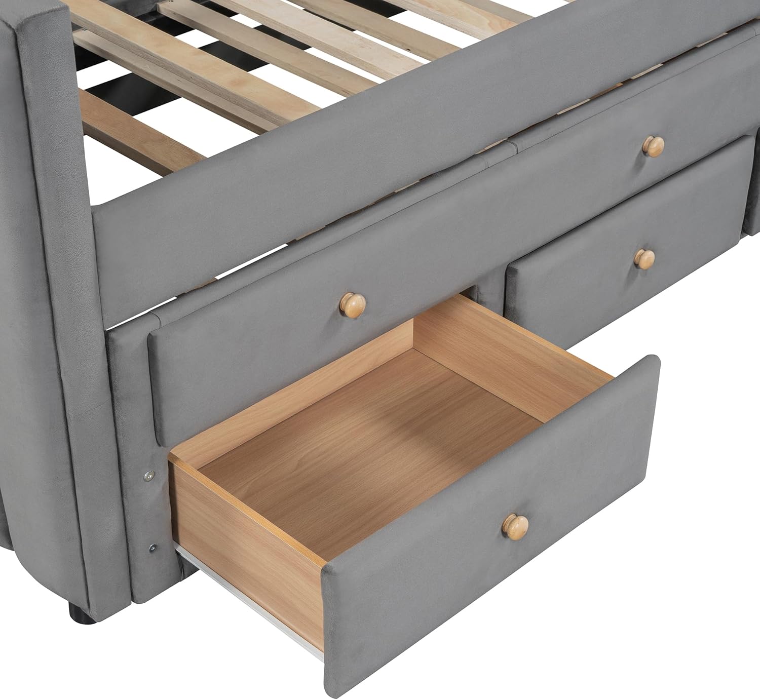 Twin Size Modern Velvet Upholstered Daybed with Twin Size Trundle and 3 Storage Drawers, Wooden Daybed Sofa Bed Frame with Slat Support for Kids Teens Adults, No Box Spring Needed (Gray)