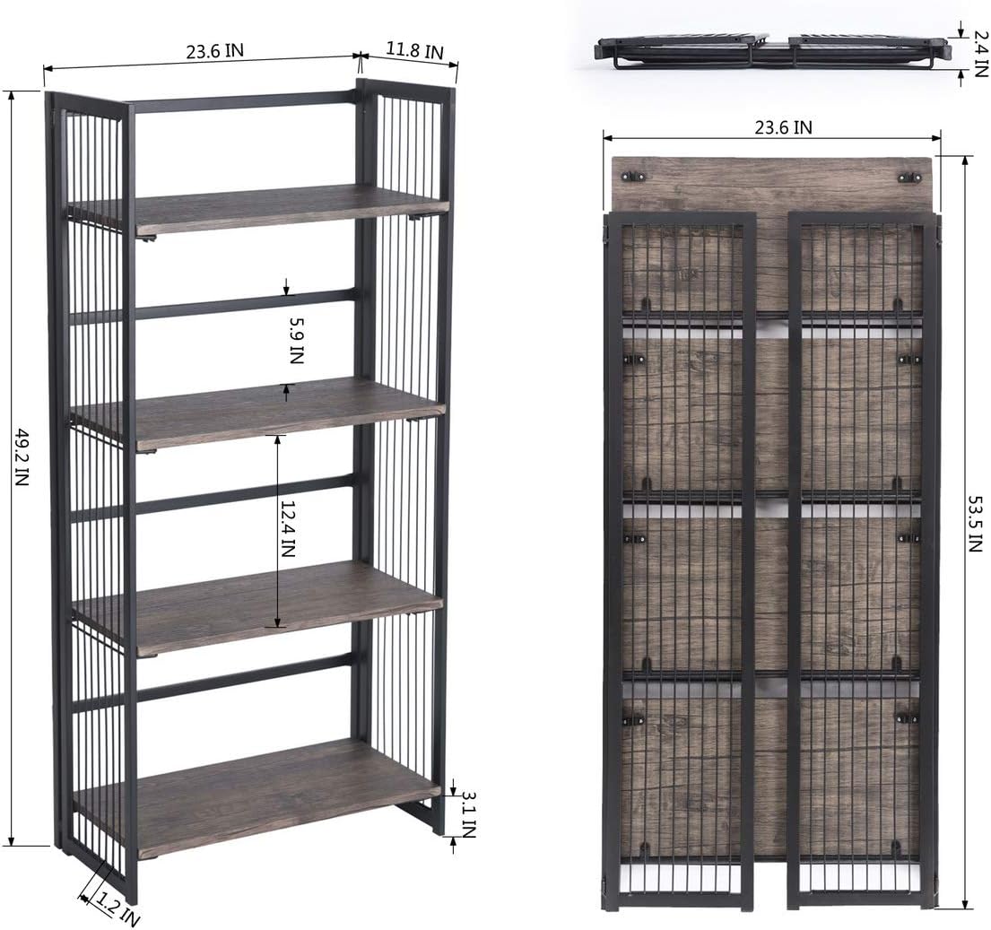 FurnitureR Classics 4-Tier Foldable Bookshelf Vintage Bookcase Modern Wood Look for Home Office