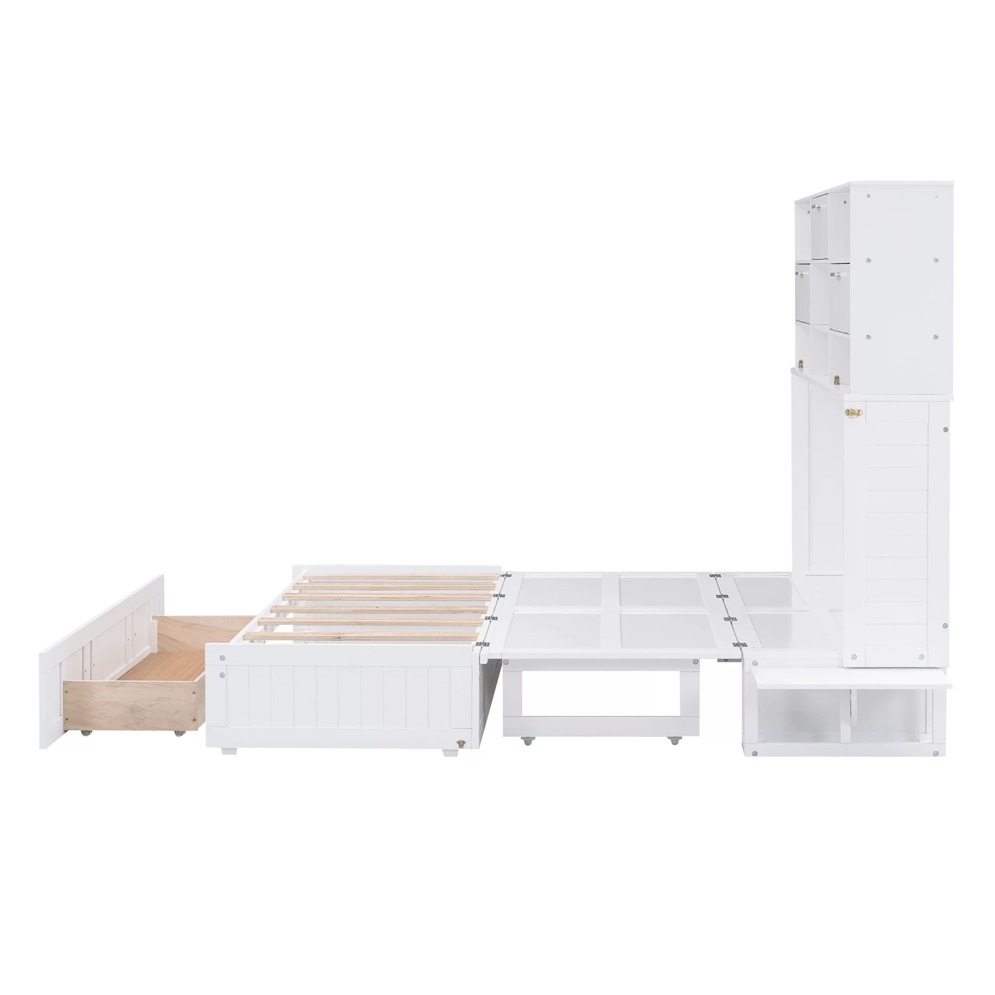 Euroco Queen Size Murphy Bed with Bookcase, Shelf and Drawer, Convertible into a Cabinet with Bookcase for Living Room, Space-Saving & Easy Open and Close, White