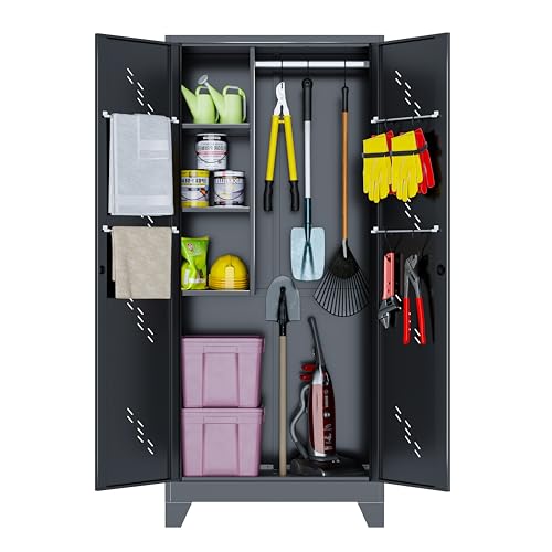 Metal Storage Cabinet with Lockable Doors, 75" Steel Storage Locker Tool Cabinet with Hanging Rod & S-Hooks, Tall Garage Cabinets, Black, 75" H x 33.85" W x 16.53" D