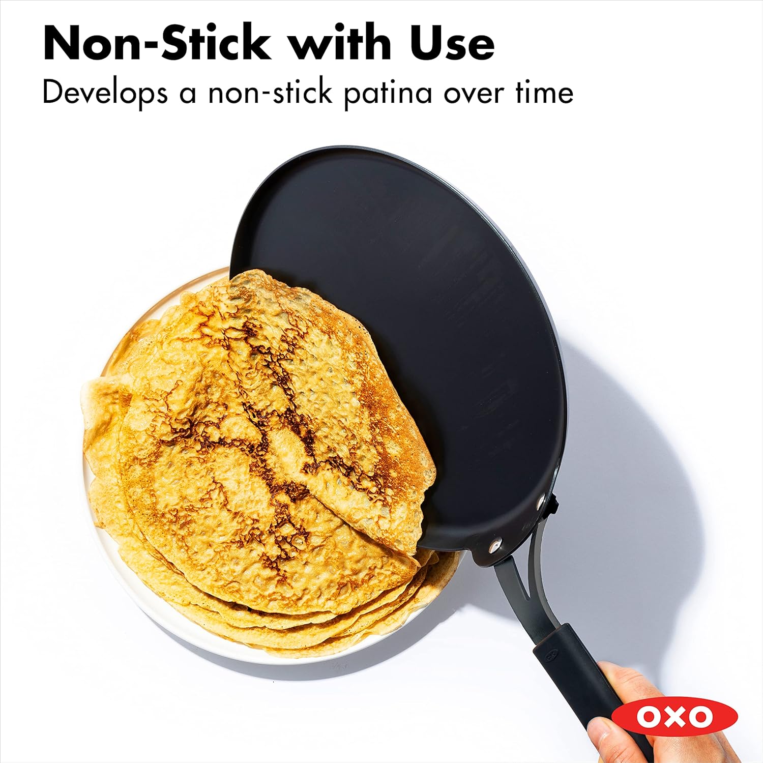 OXO Obsidian Pre-Seasoned Carbon Steel Induction Safe 12 Outdoor Frying Pan/Skillet with Silicone Sleeve, Black