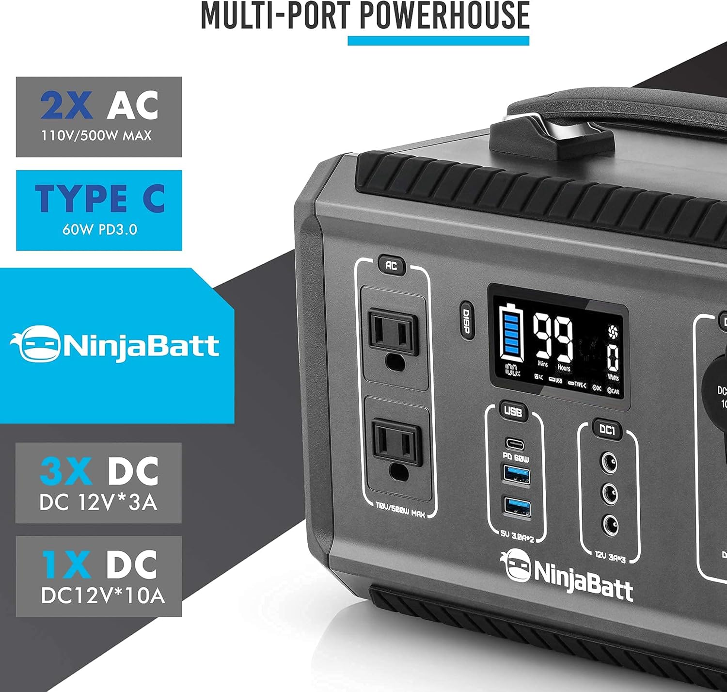 NinjaBatt Portable Power Station, 280Wh Backup Lithium Battery with 110V/300W Pure Sine Wave AC Outlets, QC3.0 & PD 60W - Silent Generator for Outdoor Camping RV Emergencies