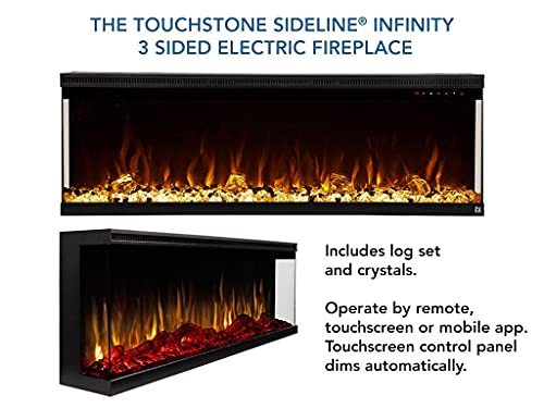 Touchstone Sideline Infinity 3-Sided Smart 72-inch WiFi-Enabled Electric Fireplace - 80051 - Built-in - 60 Color Combinations - 1500/750 Watt Heater (68-88°F Thermostat) - Black - Log & Crystals