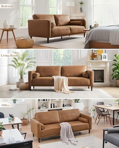 HIFIT Sofa Couches, 79” Mid-Century Modern Couch, Breathable Faux Leather Couch with Upholstered Cushions/Pillows, 3-Seat Sofas & Couches, for Living Room Apartment Office, Brown