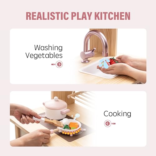 ROBUD Play Kitchen Set, Wooden Play Kitchen with Ice Maker, Fridge, Coffee Machine, Oven, Dishwasher, Microwave, Kitchen Accessories, Toy Kitchen Gift for Boys Girls, 3+