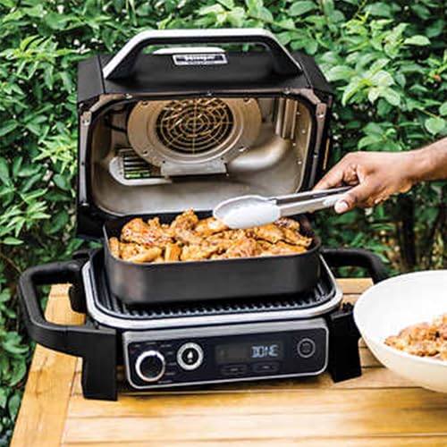 Ninja OG701 Woodfire Outdoor Grill & Smoker 7-in-1 Air Fryer Bake Roast Broil uses Woodfire Pellets(1 Pack Included) Portable, Electric, Grey(Renewed)