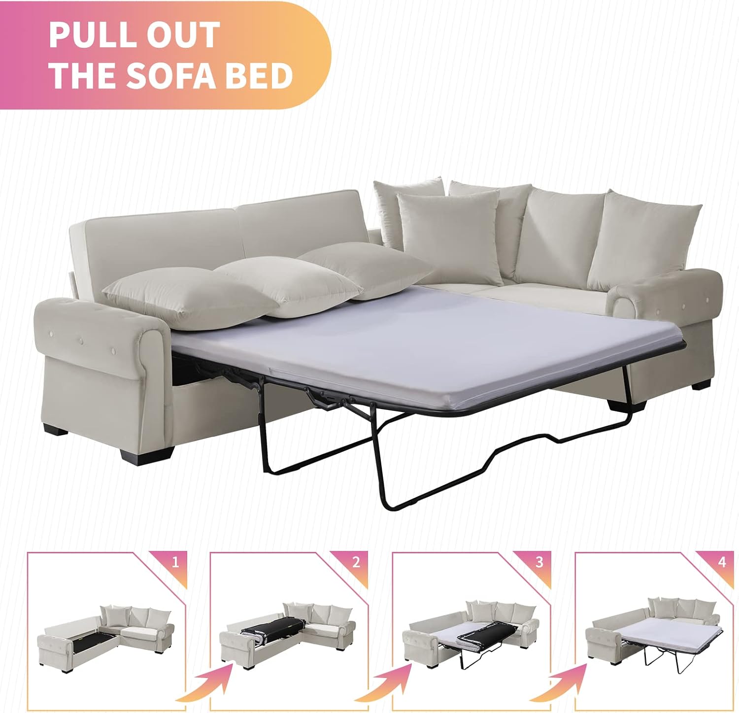 Mixoy Pull Out Sofa Bed, 2 in 1 Sleeper Sofa with Folding Foam Mattress, Multifunctional Pull Out Couch for Small Spaces, Living Room & Apartments, Beige