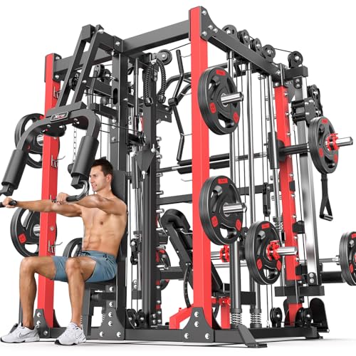 L05/07 Smith Machine，Multi-Function Squat Rack Power Cage with Cable Crossover System,with Weight Bench, Olympic Barbell Weight Set, for Home Gym