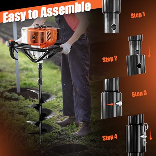Post Hole Digger, 62cc Auger Post Hole Digger, Gas Powered Earth Digger with 2 Auger Drill Bits(6" & 8") + 3 Extension Rods, for Farmland, Garden and Plant (62CC)