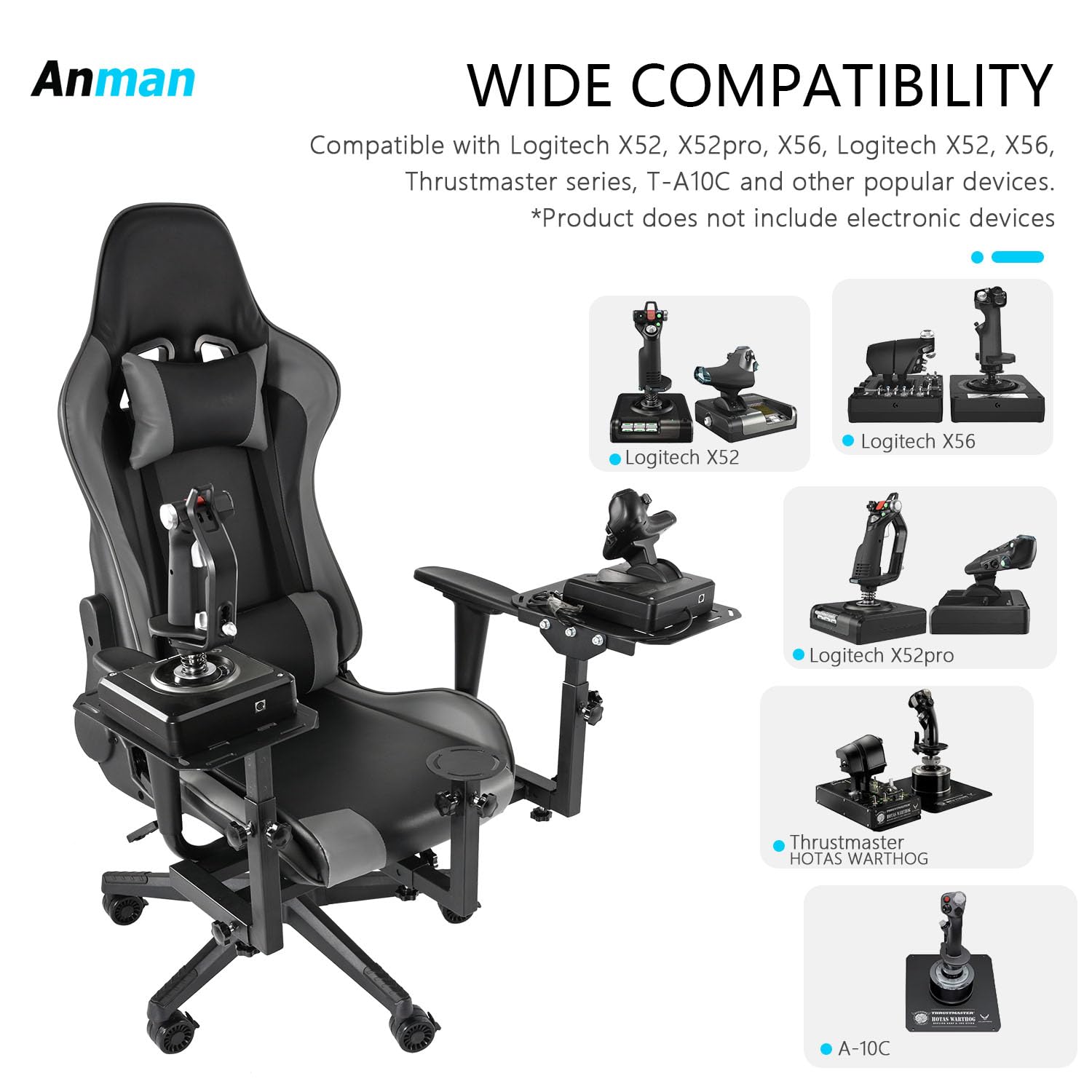 Anman Multifunctional Flight Racing Simulator Cockpit Joystick/Hotas Mount with Chair Fit for Thrustmaster A10C Hotas Warthog Logitech X56 X52 race car seat Adjustable Racing Steering Wheel Mount