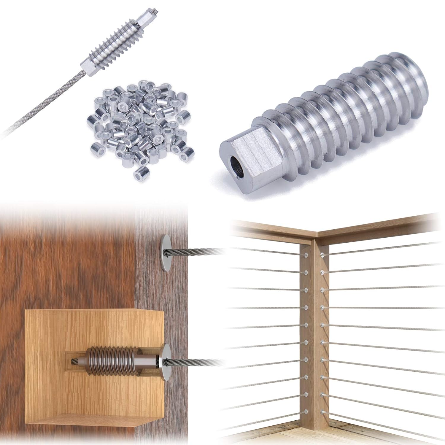 Muzata 40Pack 3/16" Invisible Cable Railing Kit Swage Lag Screw Tensioner CableGenie System Completely Hidden for Wire Rope Wood Posts T316 Stainless Steel 20 Cable Line CR99, CV1 CG1