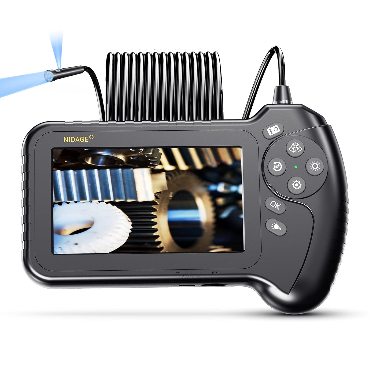 Triple Lens Endoscope Inspection Camera with 5'' IPS Screen NIDAGE 1080P Industrial Snake Camera with 11.5FT Waterproof Flexible Cable 8 LEDs 32GB Card Toolbox, Automotive Borescope Drain Pipe Camera