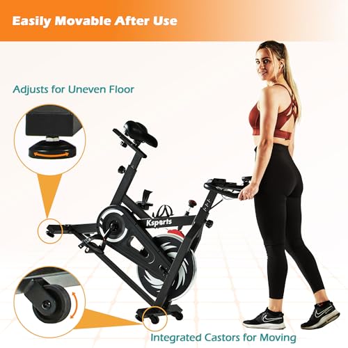 Ksports Home Magnetic Resistance Adjustable Cardio Exercise Stationary Bike for Home Gyms with LCD Screen, Straps, and Ab Mat, Black