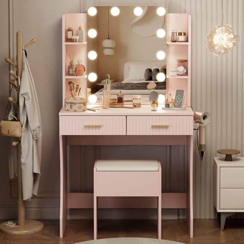 Vanity Desk with LED Lighted Mirror, Makeup Vanity with 3 Adjustable Lights, 2 Large Drawers and 4 Open Shelves, White Vanity with Storage Stool for Bedroom