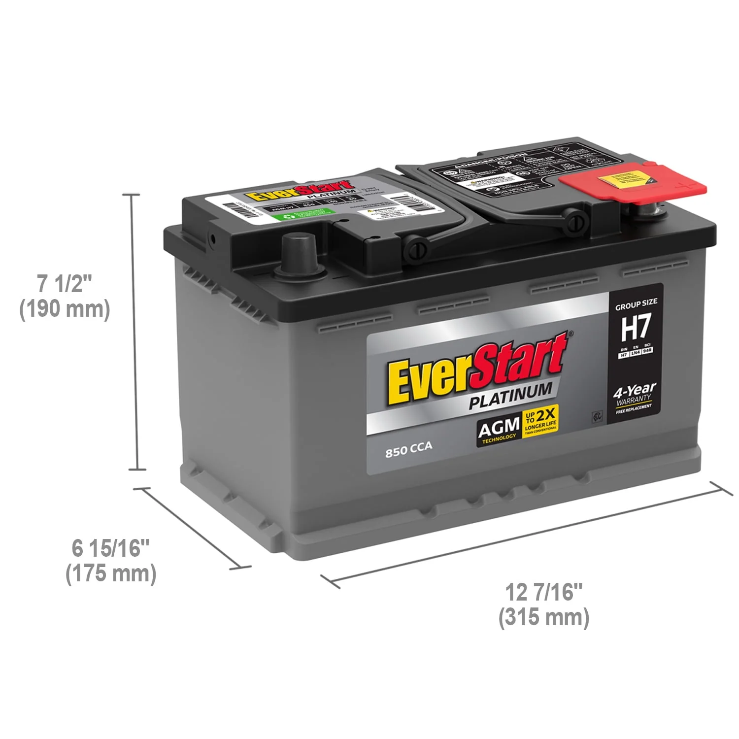 EverStart Platinum AGM Automotive Battery, Group Size H7 / LN4 / 94R 12 Volt, 800 CCA 140 RC