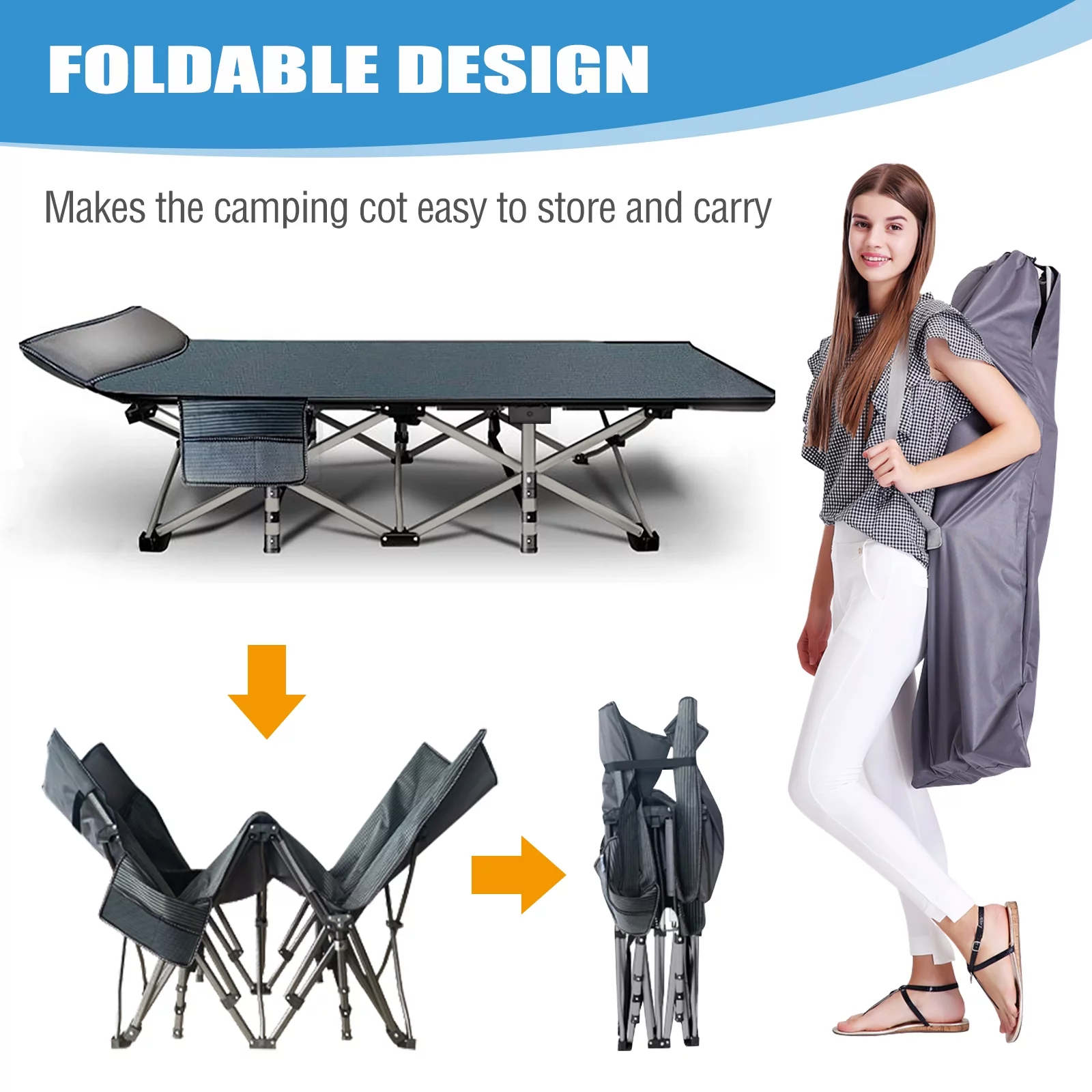 Lilypelle Folding Camping Cot Bed for Adult, Double Layer Oxford Strong Heavy Duty Sleeping Cots with Carry Bag, Portable Travel Camp Cots for Home/Office Nap and Beach Vacation