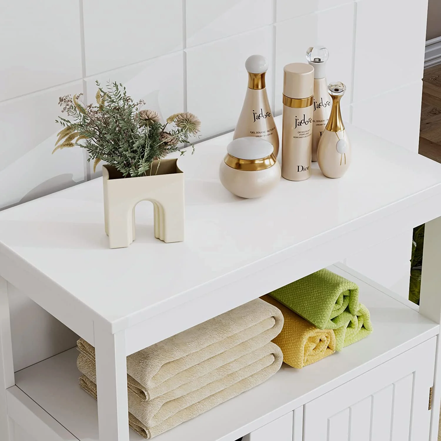 Bathroom Floor Cabinet, Free Standing Storage Cabinet with 3 Drawers and 1 Door & Adjustable Shelf, Modern Entryway Cupboard for Home Office, White