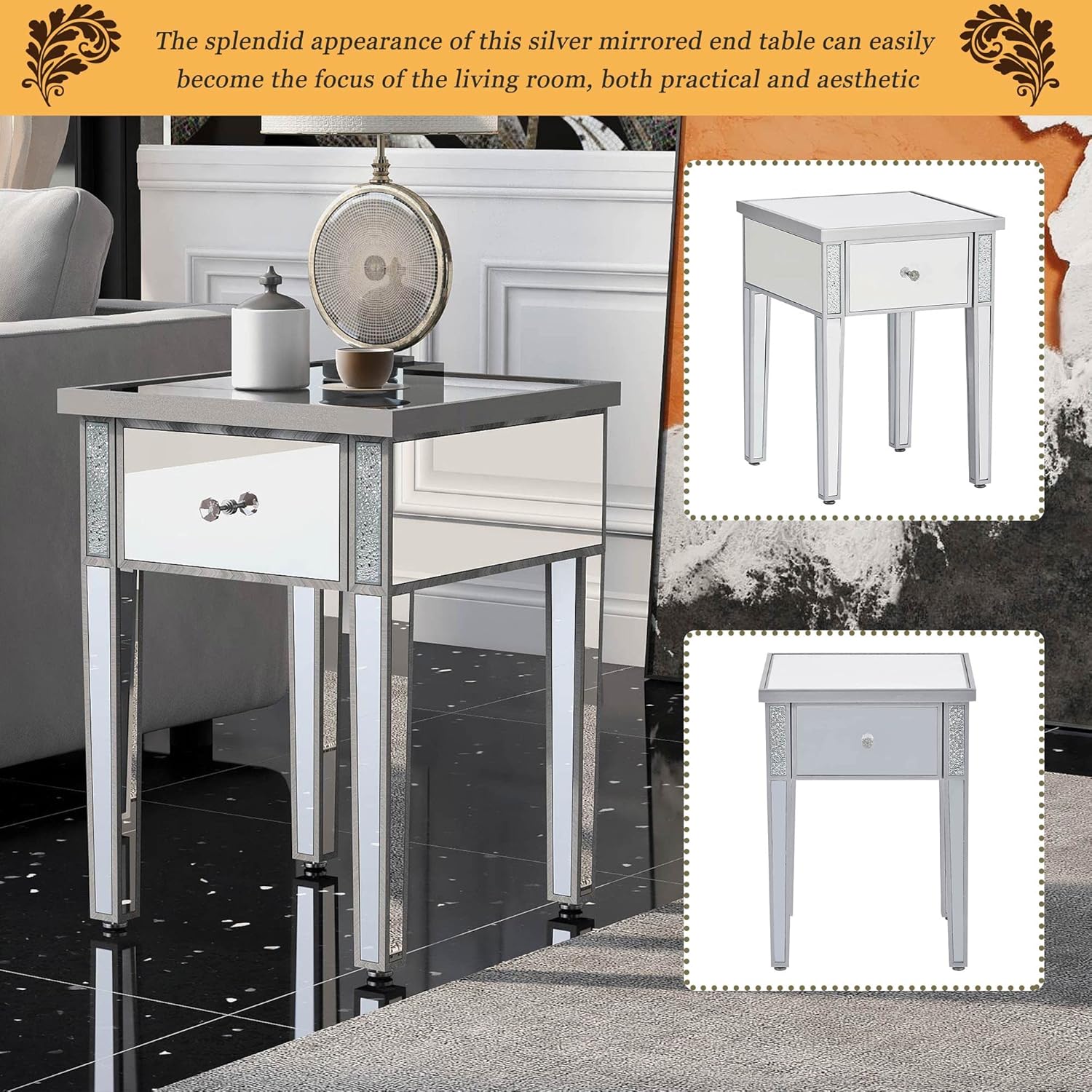Modern Glass Mirrored End Table with Drawer, Corner Table with Crystal Handles and Adjustable Height Legs for Living Room, Silver