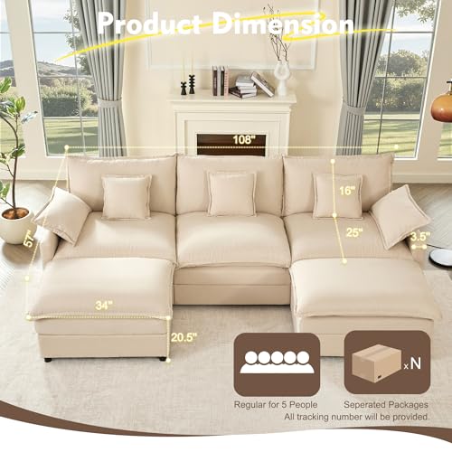108" U Shaped Couch, Modular Sectional Sofa, 3-Seater Comfy Cloud Couch with Movable Ottoman, Deep Seat Couches for Living Room, Chenille, Black