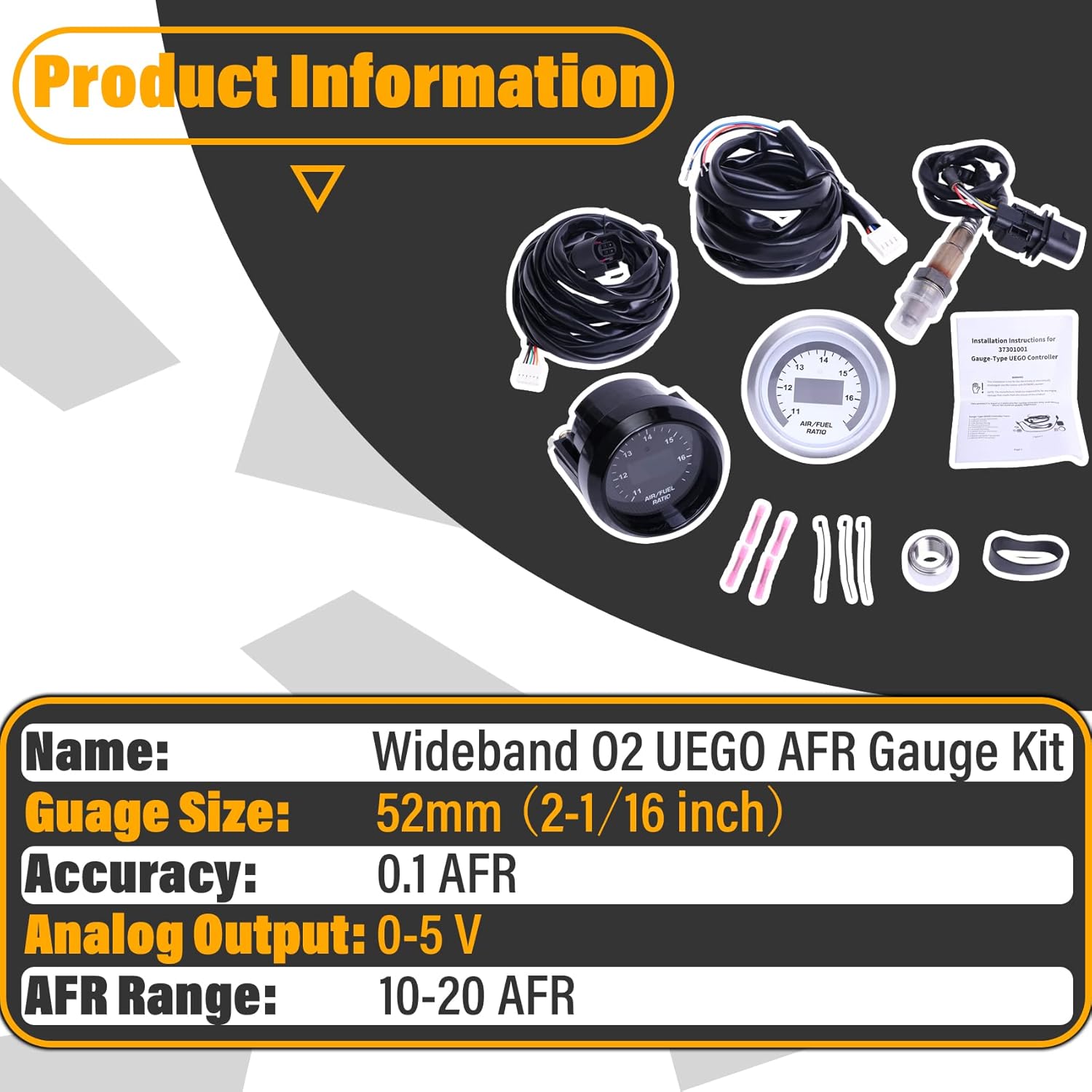 Wideband UEGO Air/Fuel Ratio Gauge 52mm (2-1/16”) with 4.9 LSU Sensor, Digital AFR Controller Gauge, Wideband O2 Control Sensor kit | 0-5V Analog Output (10-20 AFR Range)