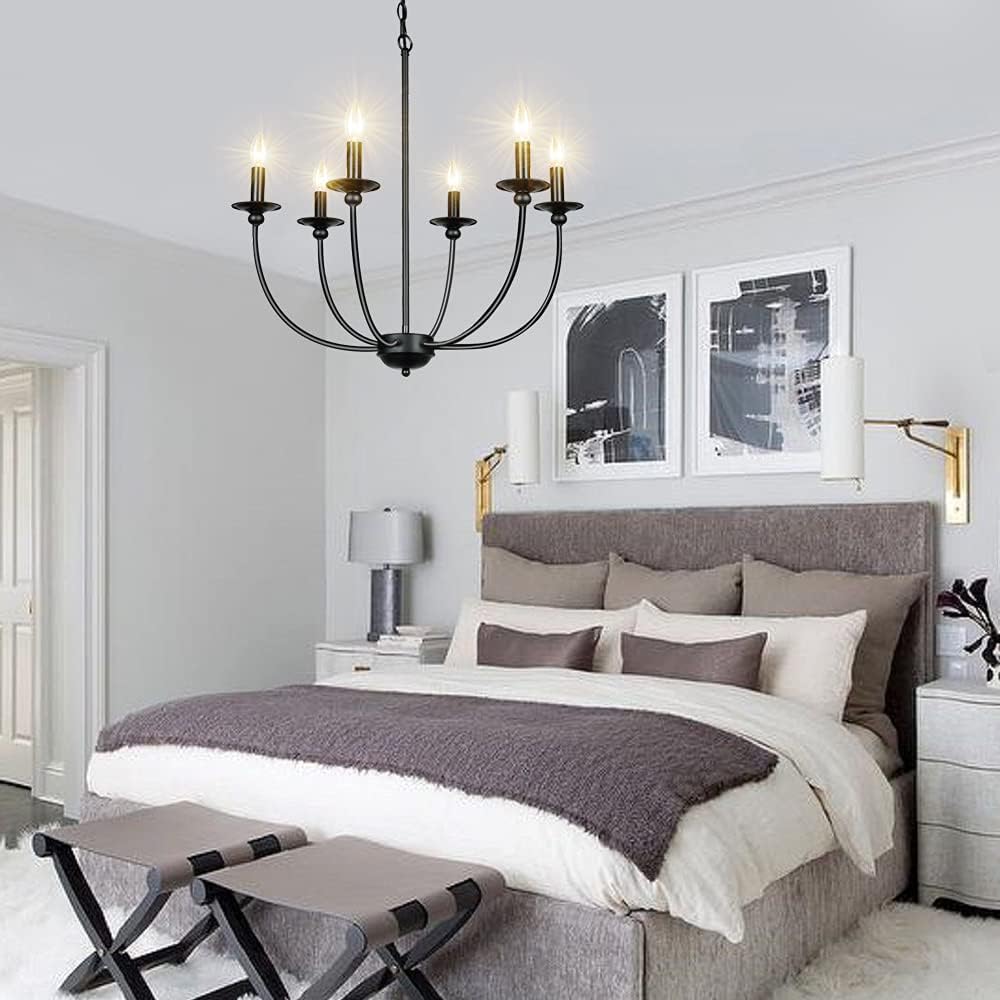 Derksic Black Farmhouse Chandelier 6-Light Wrought Iron Chandelier Rustic Candle Ceiling Pendant Light Fixture for Dining Room Kitchen Island Living Room Foyer Bedroom Entryway